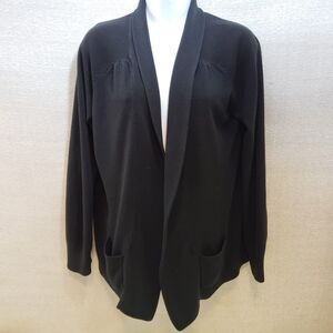 Debbie Morgan Black Open Front Cardigan Sweater XL Classic Capsule Patch Pockets